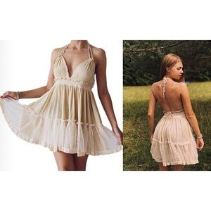 ForeMode Beige Plunge V Neck Backless Halter Babydoll Mini Dress Size XL
